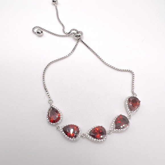 .925 Sterling Silver Pear Shaped Red Cz & Clear Cz Bolo Adjustable Bracelet - Picture 10 of 13